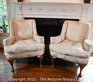 Two (2) Silk Upholstered Down Filled Bergere Side Chairs With Turned Out Arms. 