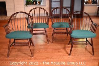 Four (4) Wood Windsor Style Chairs with Green Upholstered Seats.