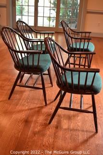 Four (4) Wood Windsor Style Chairs with Green Upholstered Seats.