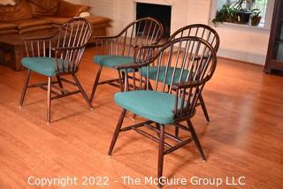 Four (4) Wood Windsor Style Chairs with Green Upholstered Seats.