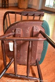 Four (4) Wood Windsor Style Chairs with Green Upholstered Seats.