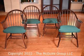 Four (4) Wood Windsor Style Chairs with Green Upholstered Seats.