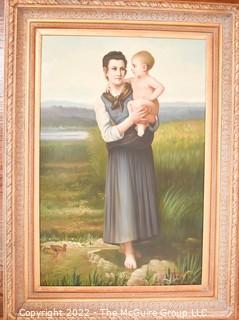 Gilt Framed Oil on Canvas of Mother with Child Signed by Artist Lewis. 46" x 32".