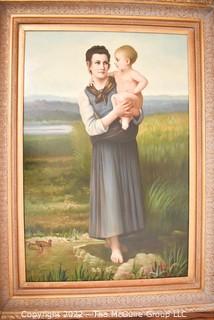 Gilt Framed Oil on Canvas of Mother with Child Signed by Artist Lewis. 46" x 32".