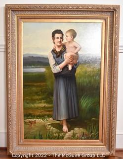 Gilt Framed Oil on Canvas of Mother with Child Signed by Artist Lewis. 46" x 32".