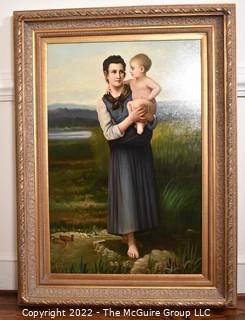 Gilt Framed Oil on Canvas of Mother with Child Signed by Artist Lewis. 46" x 32".