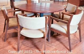 Round Pedestal Table with Metal Base and Six (6) Mid Century Style Chairs.  48" D. 