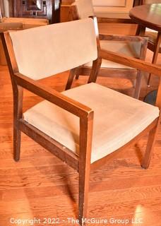 Round Pedestal Table with Metal Base and Six (6) Mid Century Style Chairs.  48" D. 