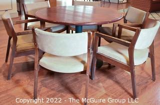 Round Pedestal Table with Metal Base and Six (6) Mid Century Style Chairs.  48" D. 