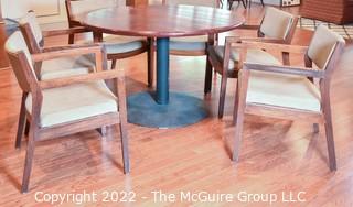 Round Pedestal Table with Metal Base and Six (6) Mid Century Style Chairs.  48" D. 