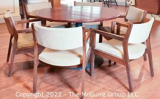 Round Pedestal Table with Metal Base and Six (6) Mid Century Style Chairs.  48" D. 