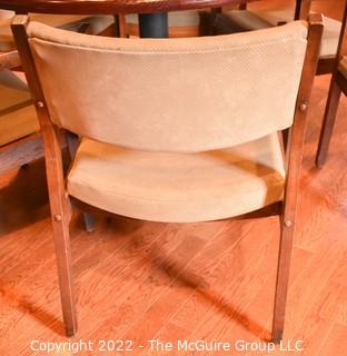 Round Pedestal Table with Metal Base and Six (6) Mid Century Style Chairs.  48" D. 