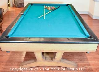 Mid Century Style 3-Piece Slate Full Size Pool Table, Balls, Bridges and Cue Sticks. Buyer to remove 