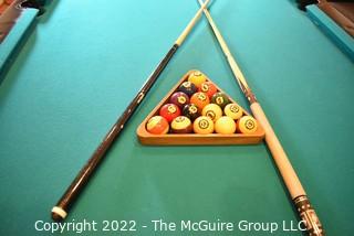 Mid Century Style 3-Piece Slate Full Size Pool Table, Balls, Bridges and Cue Sticks. Buyer to remove 