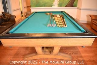 Mid Century Style 3-Piece Slate Full Size Pool Table, Balls, Bridges and Cue Sticks. Buyer to remove 