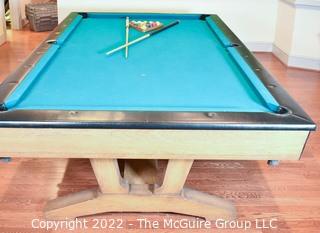 Mid Century Style 3-Piece Slate Full Size Pool Table, Balls, Bridges and Cue Sticks. Buyer to remove 