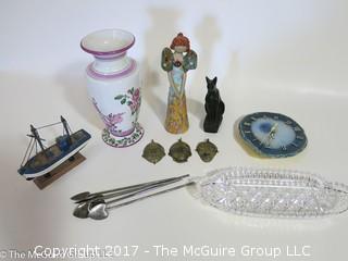 Collection including silver cocktail spoons, ceramics, wall clock and miniature face masks 