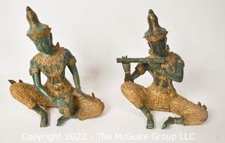 Two (2) Vintage Thai Gilded Bronze Musician Statues