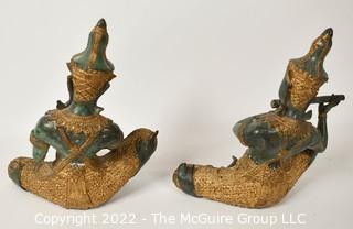 Two (2) Vintage Thai Gilded Bronze Musician Statues