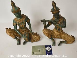 Two (2) Vintage Thai Gilded Bronze Musician Statues