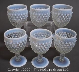 Set of Six (6) White Iridescent Hobnail Stemmed Goblets