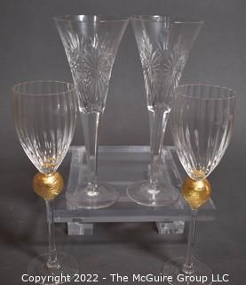 Set of Four (4) Champagne Flutes - Waterford Cut Crystal  and  Union Street Art Glass Manhattan-Gold