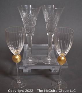 Set of Four (4) Champagne Flutes - Waterford Cut Crystal  and  Union Street Art Glass Manhattan-Gold