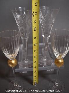 Set of Four (4) Champagne Flutes - Waterford Cut Crystal  and  Union Street Art Glass Manhattan-Gold