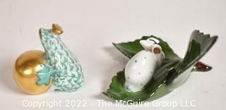 Two (2) Small Herend Hungary Hand Painted Porcelain Figurines of Frog with Gold Ball and Bunny on Leaf.  