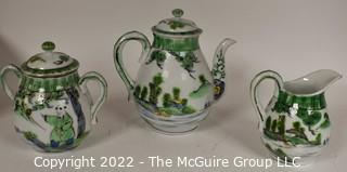 Small Three (3) Piece Asian Hand Painted Green Tea or Coffee Set Including Pot, Sugar and Creamer