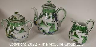 Small Three (3) Piece Asian Hand Painted Green Tea or Coffee Set Including Pot, Sugar and Creamer