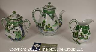 Small Three (3) Piece Asian Hand Painted Green Tea or Coffee Set Including Pot, Sugar and Creamer