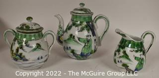 Small Three (3) Piece Asian Hand Painted Green Tea or Coffee Set Including Pot, Sugar and Creamer