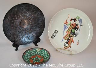 Three Asian Porcelain and Etched Metal Plates or Serving Dishes. 