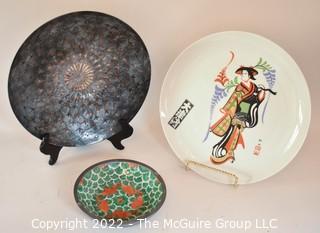 Three Asian Porcelain and Etched Metal Plates or Serving Dishes. 