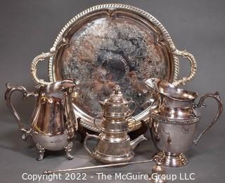 Group of Silver Plated Serving Items Including Tray and Water Pitchers.