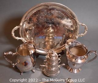 Group of Silver Plated Serving Items Including Tray and Water Pitchers.