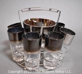 Set of Eight (8) Dorothy Thorpe Midcentury Silver Fade Barware Tumbler Glasses with Ice Bucket and Carrier. 