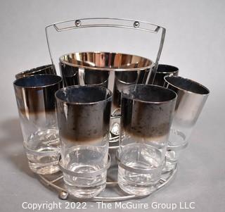 Set of Eight (8) Dorothy Thorpe Midcentury Silver Fade Barware Tumbler Glasses with Ice Bucket and Carrier. 