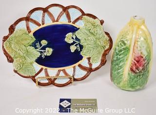 Two Pieces of Vintage Majolica Porcelain  Including Tray and Cabbage Leaf Vase. 