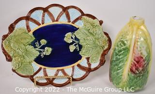 Two Pieces of Vintage Majolica Porcelain  Including Tray and Cabbage Leaf Vase. 