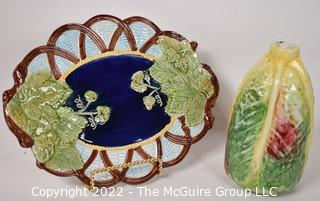 Two Pieces of Vintage Majolica Porcelain  Including Tray and Cabbage Leaf Vase. 