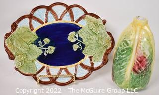 Two Pieces of Vintage Majolica Porcelain  Including Tray and Cabbage Leaf Vase. 