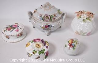 Five (5) Hand Painted Porcelain Lidded Trinket Boxes. 