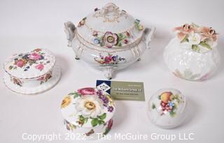 Five (5) Hand Painted Porcelain Lidded Trinket Boxes. 