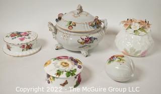 Five (5) Hand Painted Porcelain Lidded Trinket Boxes. 