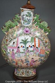 Famille Rose Medallion Chinese Table Lamp Made from Moon Flask Vase with Green Dragon Handles. 