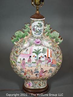 Famille Rose Medallion Chinese Table Lamp Made from Moon Flask Vase with Green Dragon Handles. 