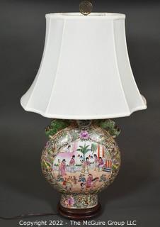 Famille Rose Medallion Chinese Table Lamp Made from Moon Flask Vase with Green Dragon Handles. 