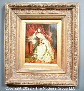 Gilt Framed Oil on Board Portrait of Woman Holding a Mandolin Signed by Artist P. Tomson.  17" x 19".